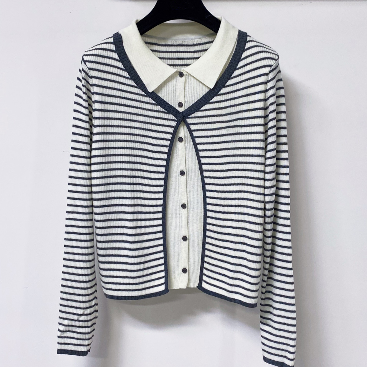 Silk Blouse - 고품질 여성 폴로 칼라 스트라이프 니트