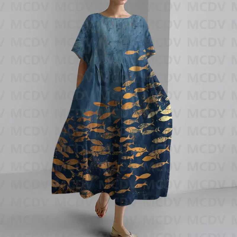 일본 빈티지 피쉬 아트 프린트 여성, 캐주얼 미디 원피 - Midi Dress 리뷰 및 가격